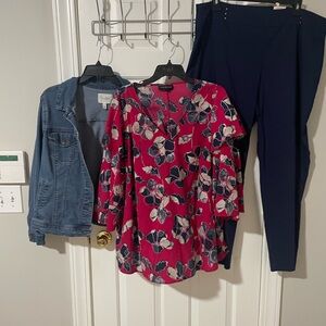 Floral Pink Blouse with Denim Jacket and Navy Pants nwt 2x outfit